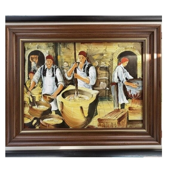 Other - Vintage Folk Art Kitchen Cooking Scene Framed Wall Art Rustic Decor